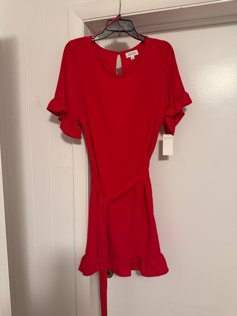 Tahari-Arthur S. Levine Red Ruffle Sleeve Wrap Tie Mini Dress